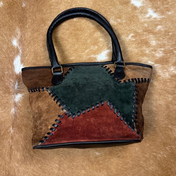 Vintage Patchwork Suede Leather Purse 90s Shoulder Bag Boho - Picture 1 of 10